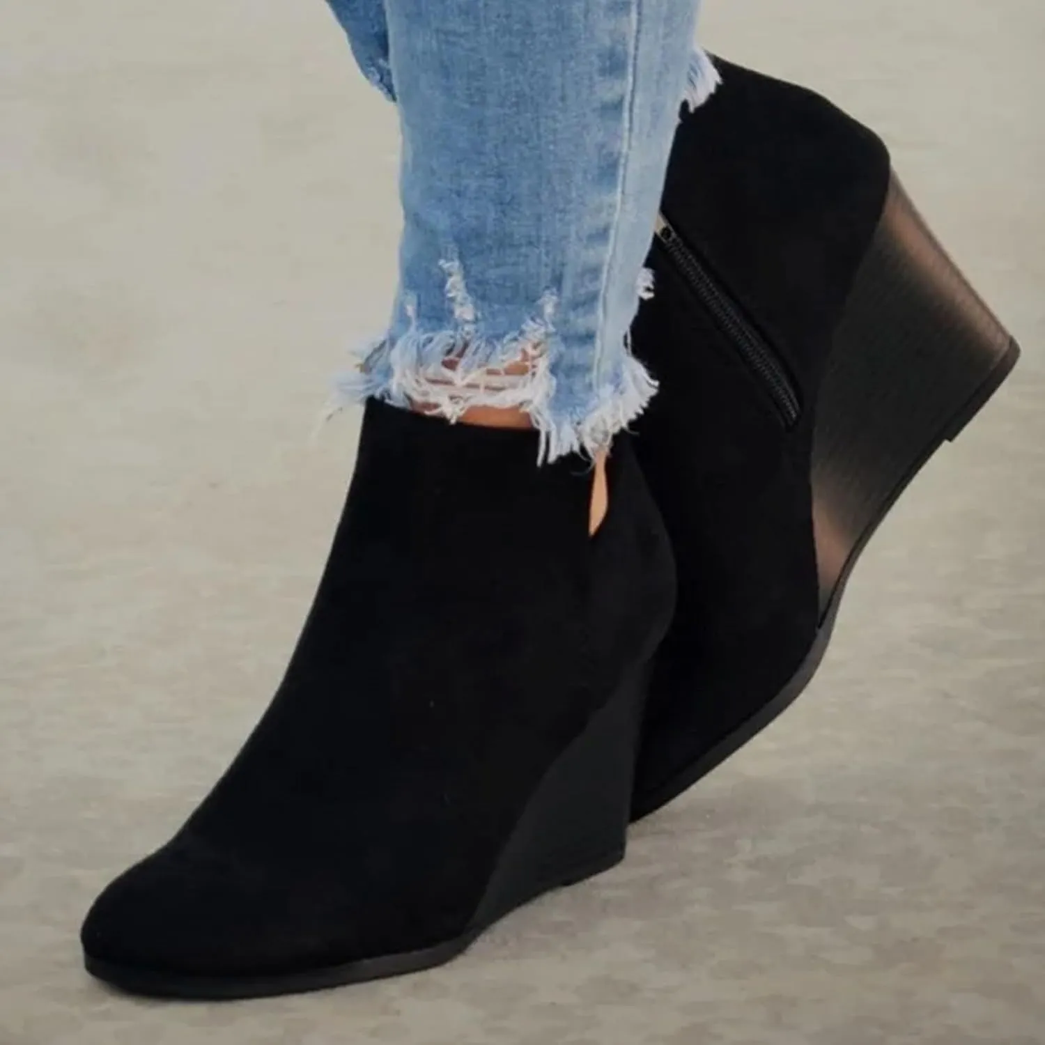 Ankle Boots for Women Fashion Casual Wedge Booties Fall Stacked Mid Heel with Side Zipper Almond Toe Winter Dress Shoes