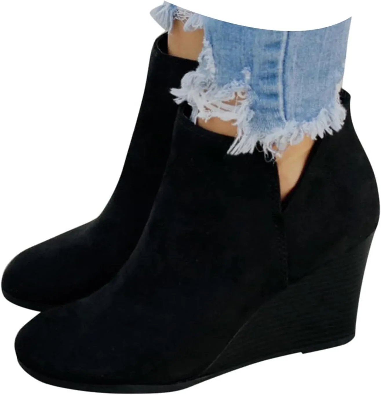 Ankle Boots for Women Fashion Casual Wedge Booties Fall Stacked Mid Heel with Side Zipper Almond Toe Winter Dress Shoes
