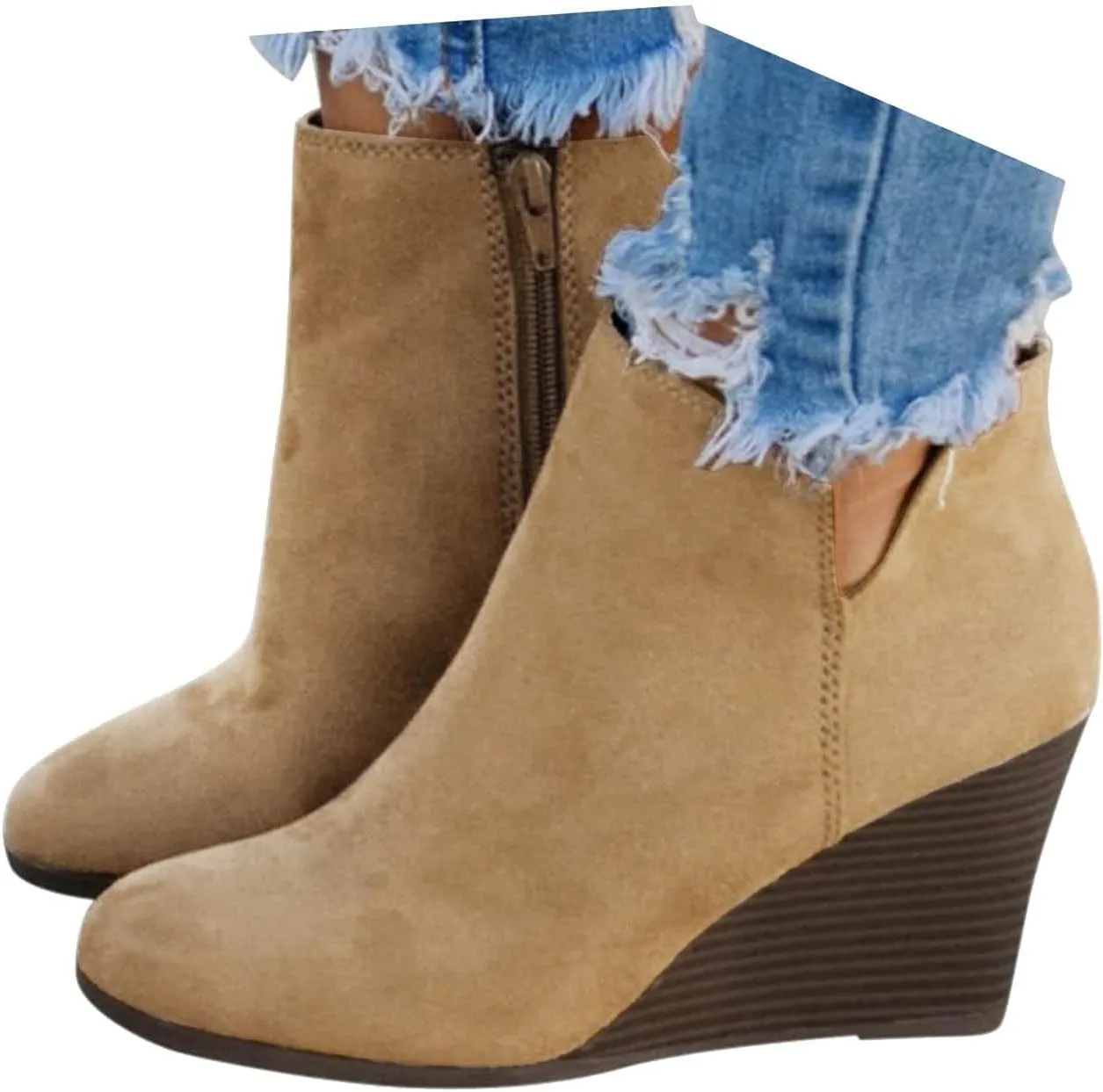 Ankle Boots for Women Fashion Casual Wedge Booties Fall Stacked Mid Heel with Side Zipper Almond Toe Winter Dress Shoes