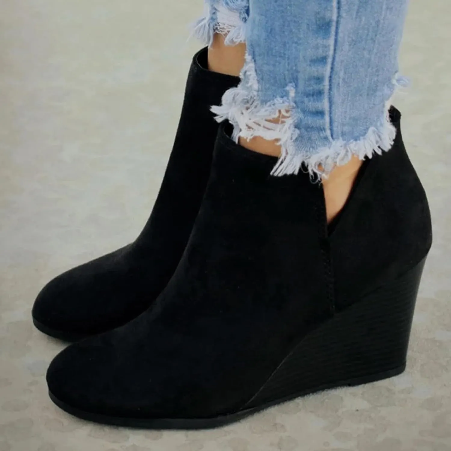 Ankle Boots for Women Fashion Casual Wedge Booties Fall Stacked Mid Heel with Side Zipper Almond Toe Winter Dress Shoes