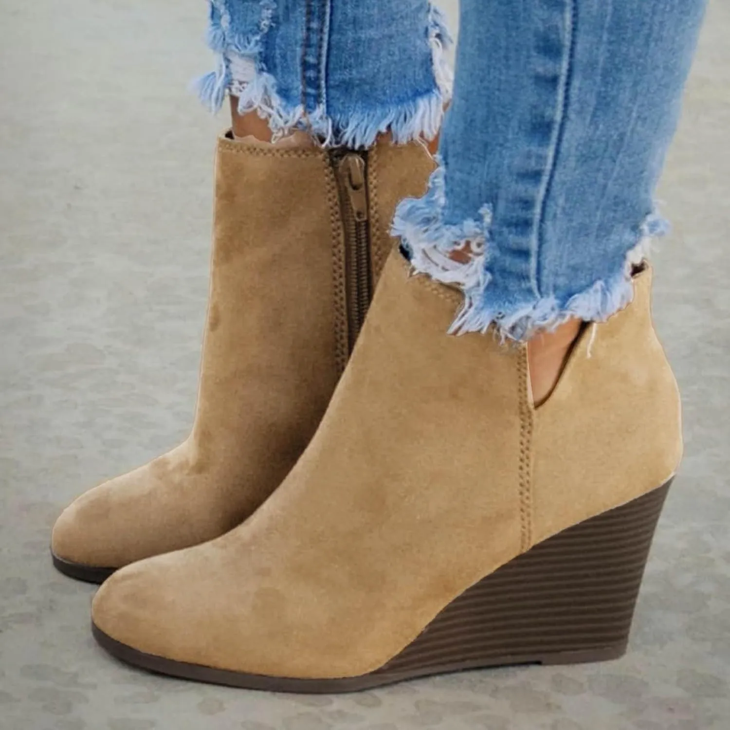 Ankle Boots for Women Fashion Casual Wedge Booties Fall Stacked Mid Heel with Side Zipper Almond Toe Winter Dress Shoes
