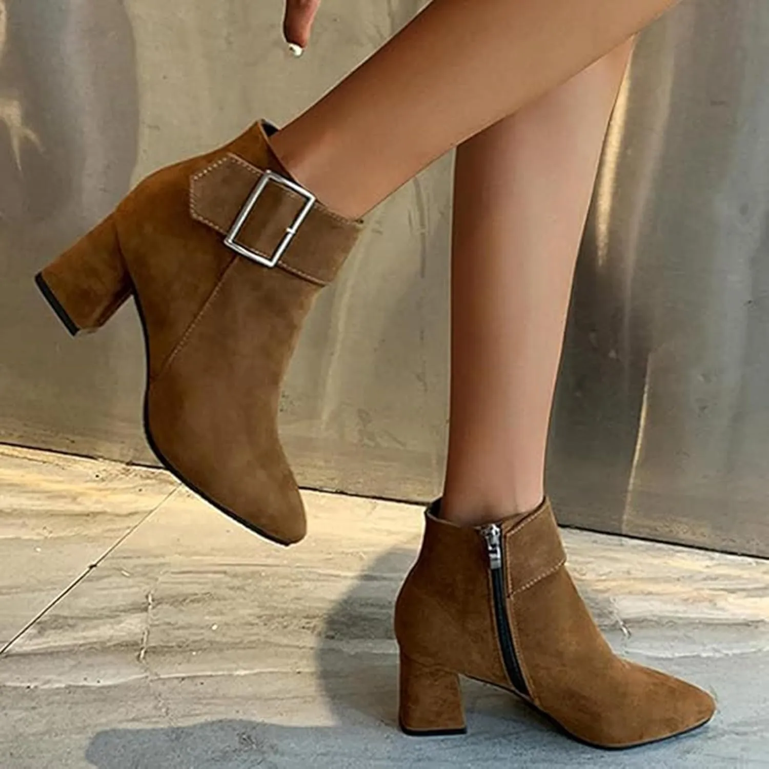 Ankle Boots for Women Fashion Short Dress Shoes with Side Zipper Chunky Block Mid Heel Fall Winter Boots with Belt Buckle