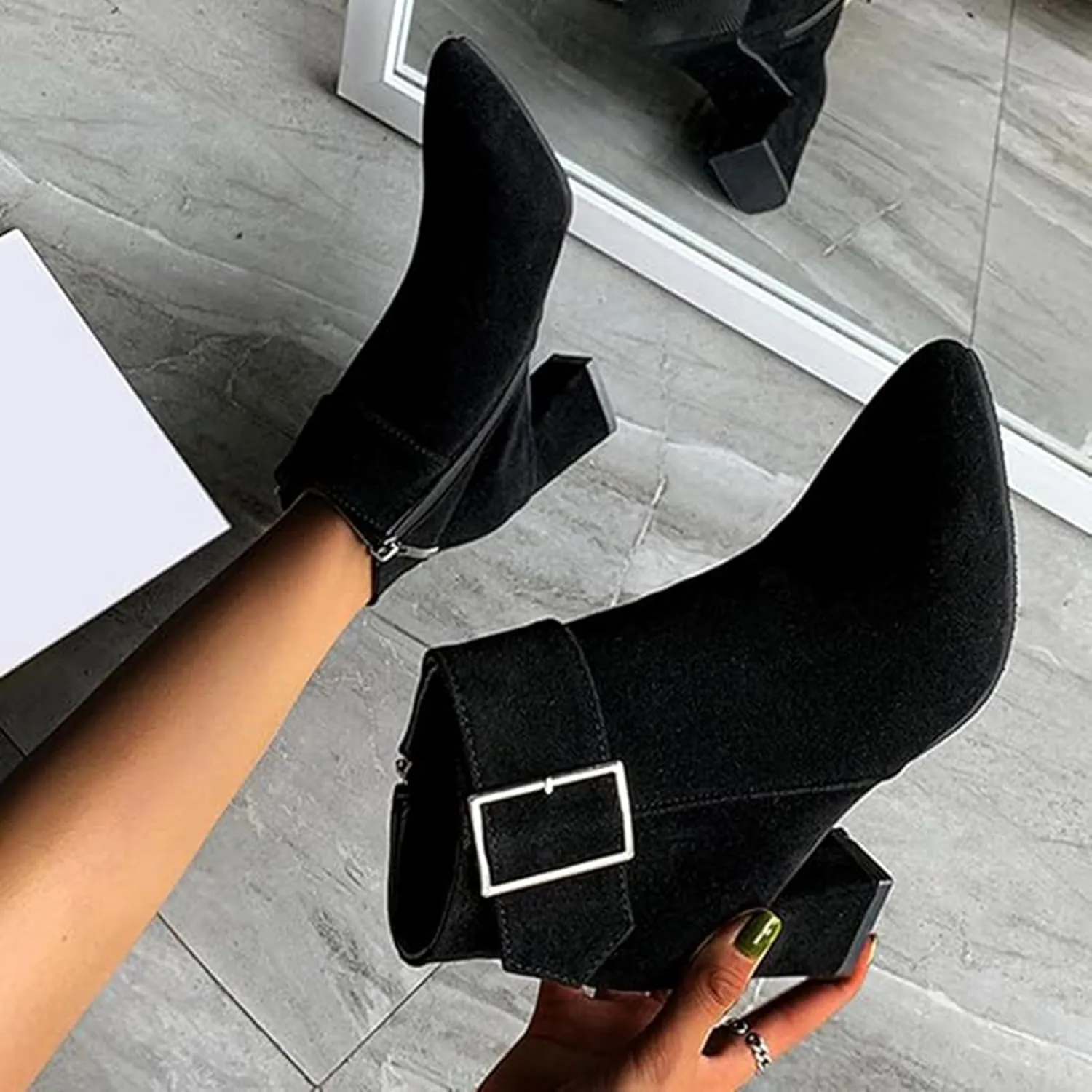 Ankle Boots for Women Fashion Short Dress Shoes with Side Zipper Chunky Block Mid Heel Fall Winter Boots with Belt Buckle