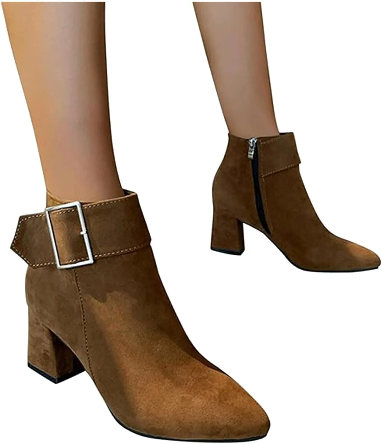 Ankle Boots for Women Fashion Short Dress Shoes with Side Zipper Chunky Block Mid Heel Fall Winter Boots with Belt Buckle