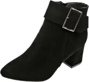 Ankle Boots for Women Fashion Short Dress Shoes with Side Zipper Chunky Block Mid Heel Fall Winter Boots with Belt Buckle