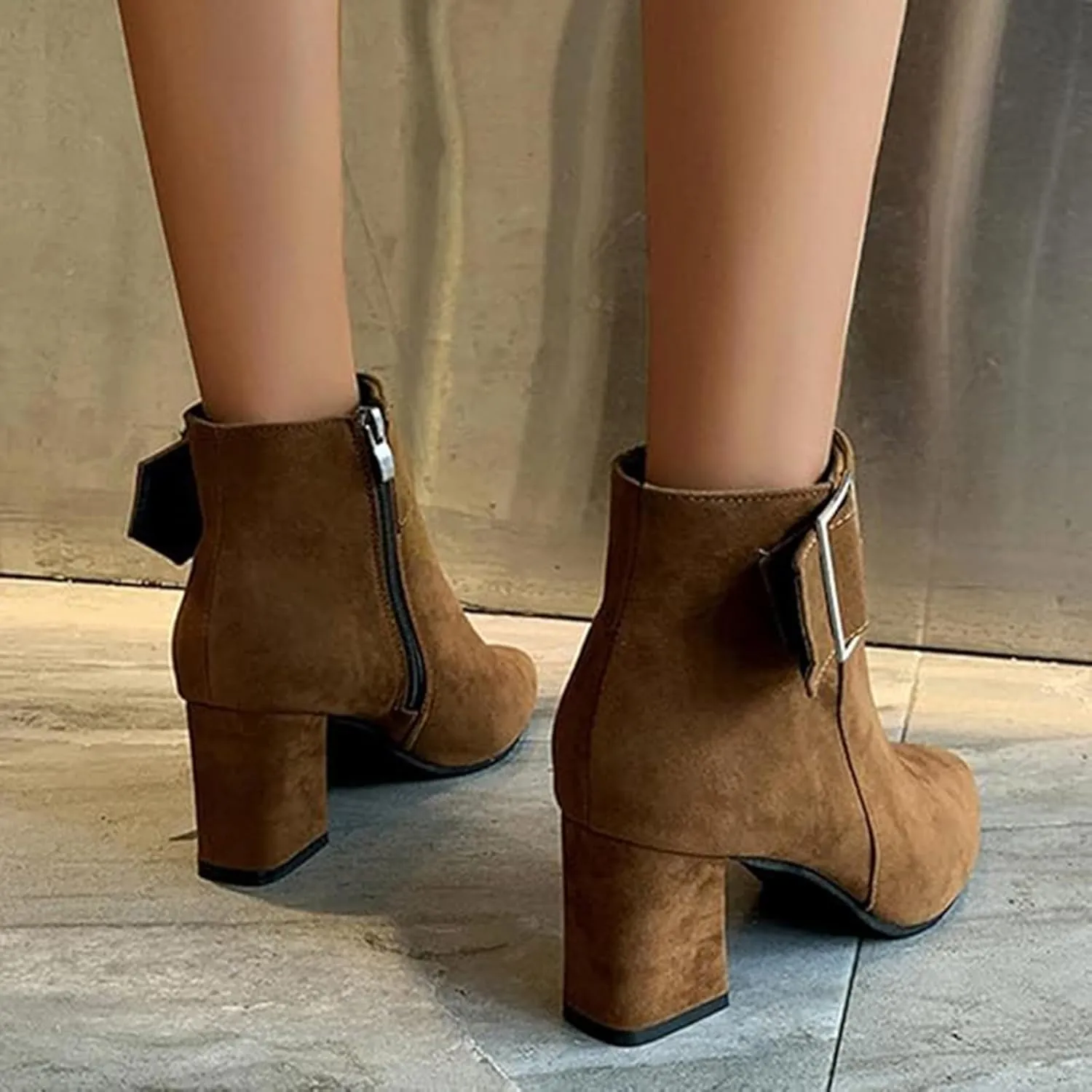 Ankle Boots for Women Fashion Short Dress Shoes with Side Zipper Chunky Block Mid Heel Fall Winter Boots with Belt Buckle