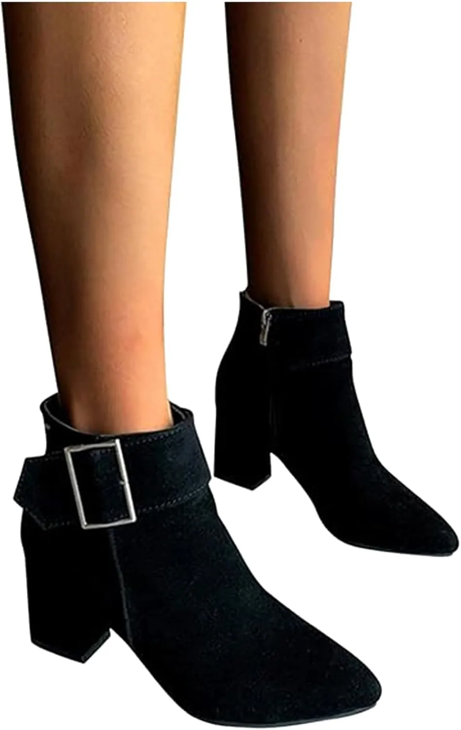 Ankle Boots for Women Fashion Short Dress Shoes with Side Zipper Chunky Block Mid Heel Fall Winter Boots with Belt Buckle