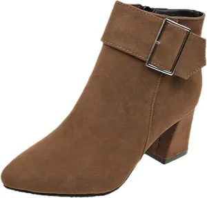 Ankle Boots for Women Fashion Short Dress Shoes with Side Zipper Chunky Block Mid Heel Fall Winter Boots with Belt Buckle
