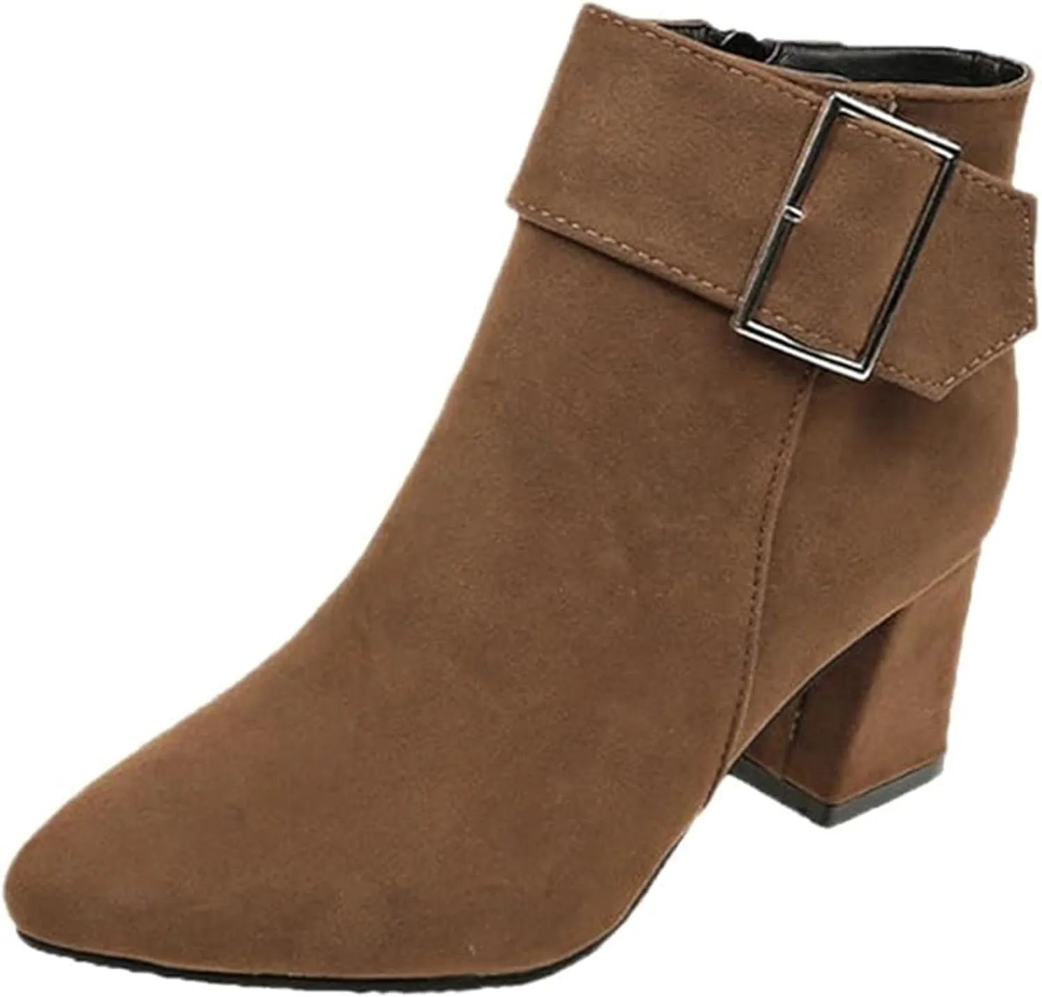 Ankle Boots for Women Fashion Short Dress Shoes with Side Zipper Chunky Block Mid Heel Fall Winter Boots with Belt Buckle