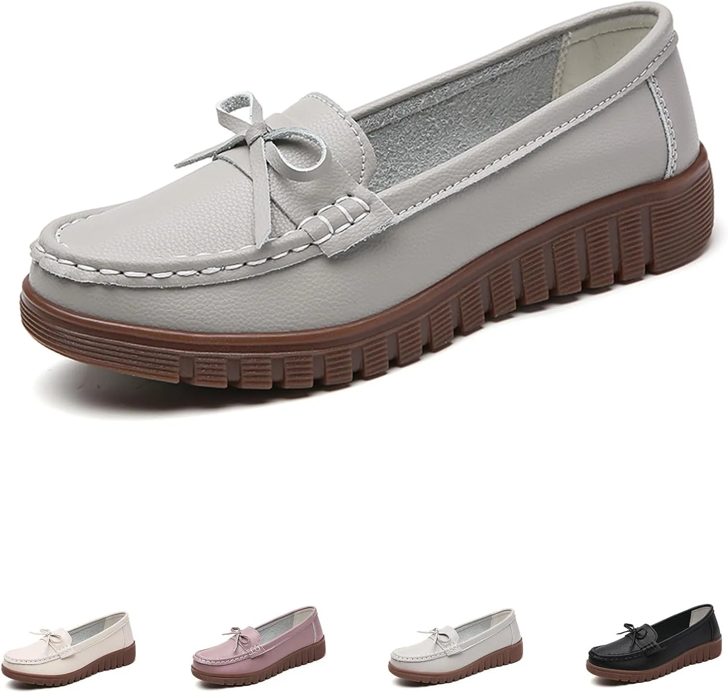 AUNTHUI Women's Leather Low Wedge Loafers,Slip On Dress Shoes,Hollow Out Breathable Soft Comfortable Walking Casual Driving Penny Shoes