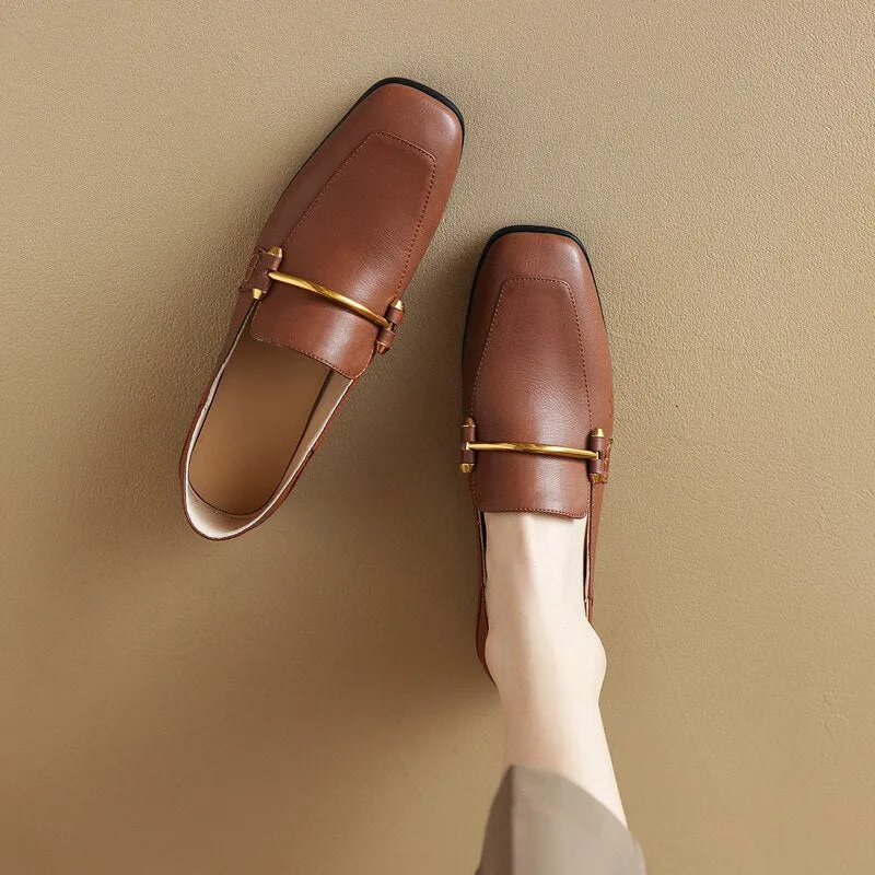 Bjlxn 2023 new Spring women pumps natural leather 22-24.5cm length cowhide/fabric cowhide pigskin full leather square toe loafers