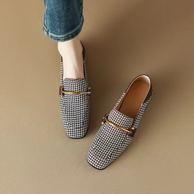 Bjlxn 2023 new Spring women pumps natural leather 22-24.5cm length cowhide/fabric cowhide pigskin full leather square toe loafers