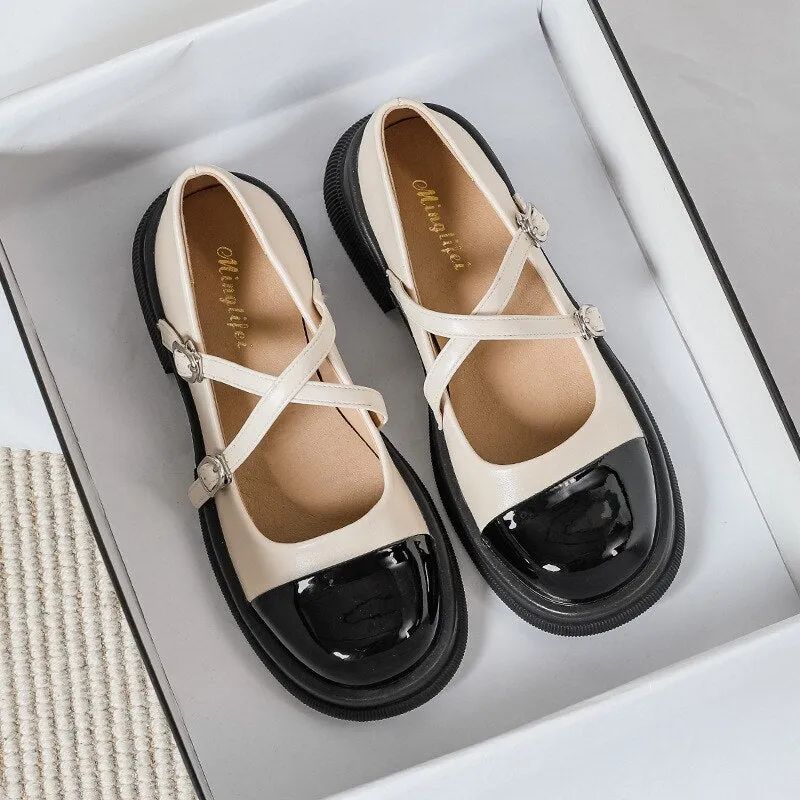 Bjlxn 2023 spring new women's single shoes Fashion loafers Casual Mary Jane leather shoes Middle heel black Large size 41-43