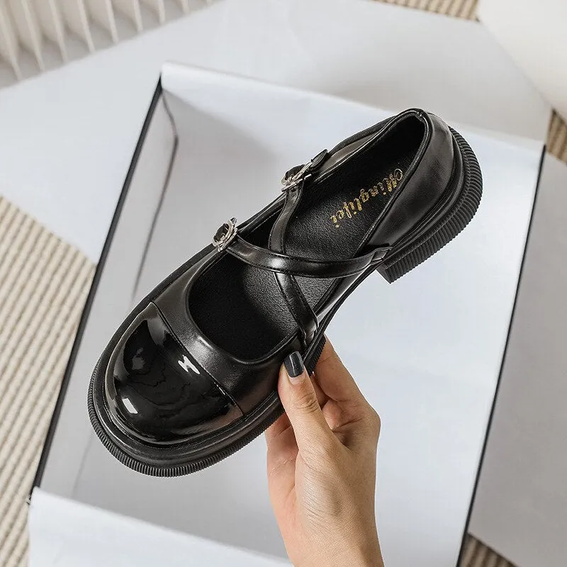Bjlxn 2023 spring new women's single shoes Fashion loafers Casual Mary Jane leather shoes Middle heel black Large size 41-43
