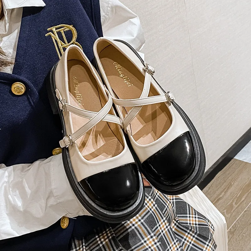 Bjlxn 2023 spring new women's single shoes Fashion loafers Casual Mary Jane leather shoes Middle heel black Large size 41-43