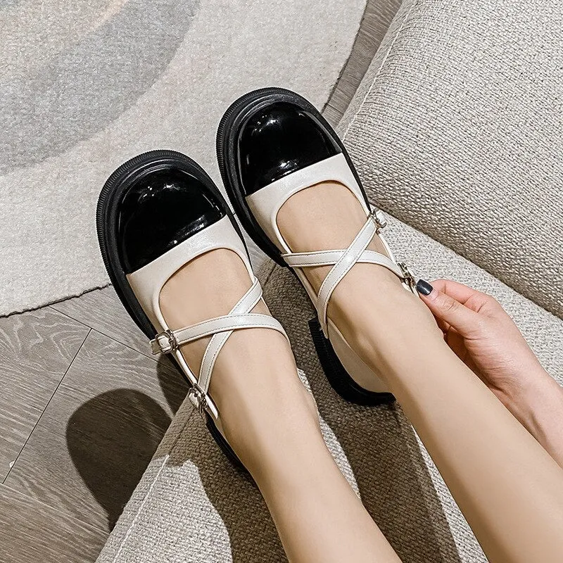 Bjlxn 2023 spring new women's single shoes Fashion loafers Casual Mary Jane leather shoes Middle heel black Large size 41-43