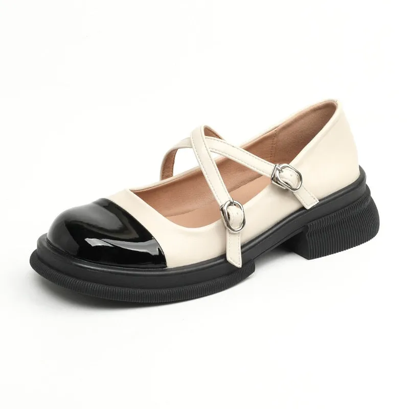 Bjlxn 2023 spring new women's single shoes Fashion loafers Casual Mary Jane leather shoes Middle heel black Large size 41-43