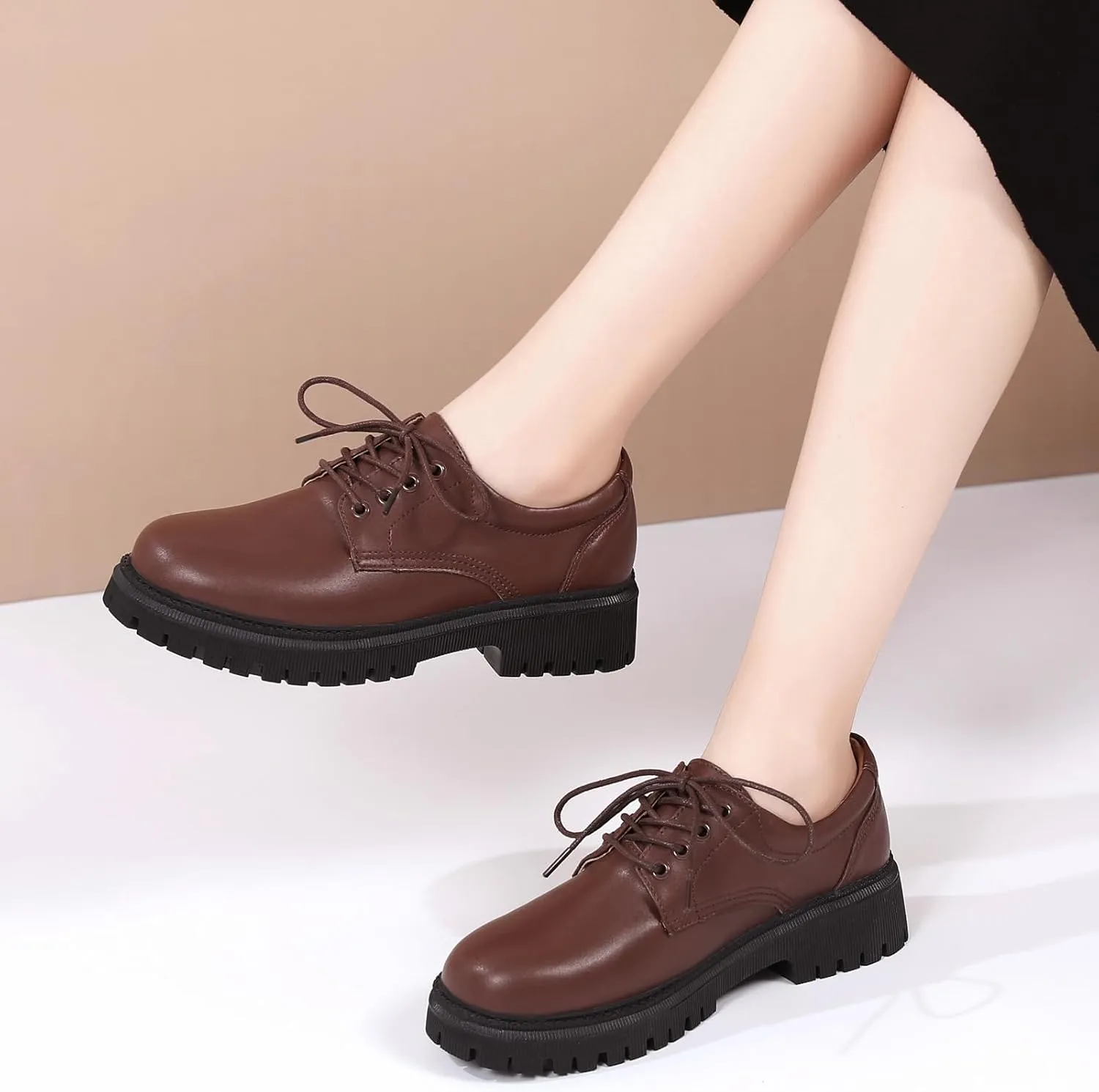 Black Platform Oxford Shoes for Women Chunky Leather Work Office Non Slip Dress Shoes Saddle Comfortable Business Shoes