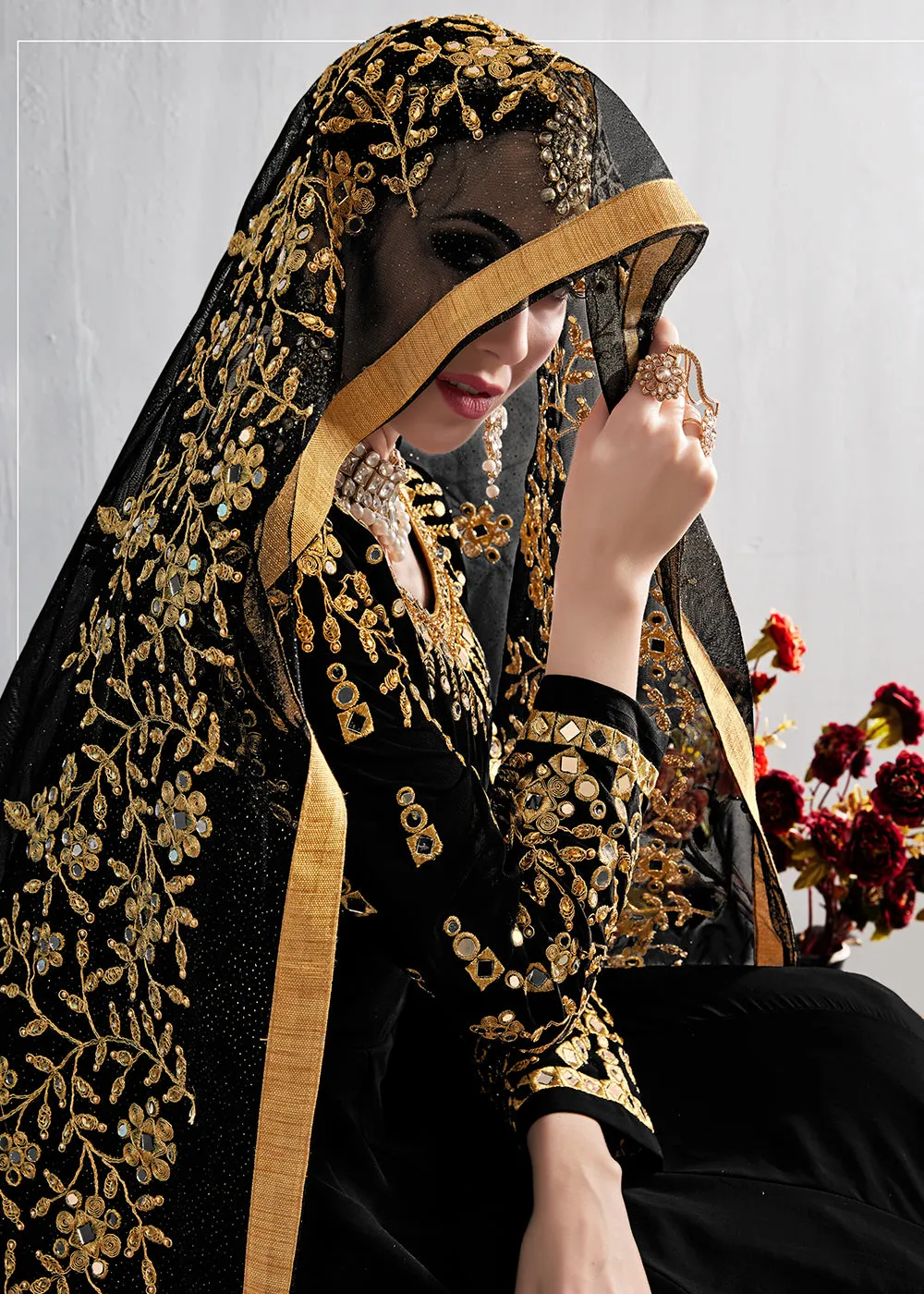 Black Stone & Mirror Work Embroidered Anarkali Suit
