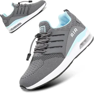 BOGOVER Womens Lightweight Air Running Shoes, Breathable Gym Jogging Running Tennis Sneakers with Air Cushion,No Tie Grey Blue, 6