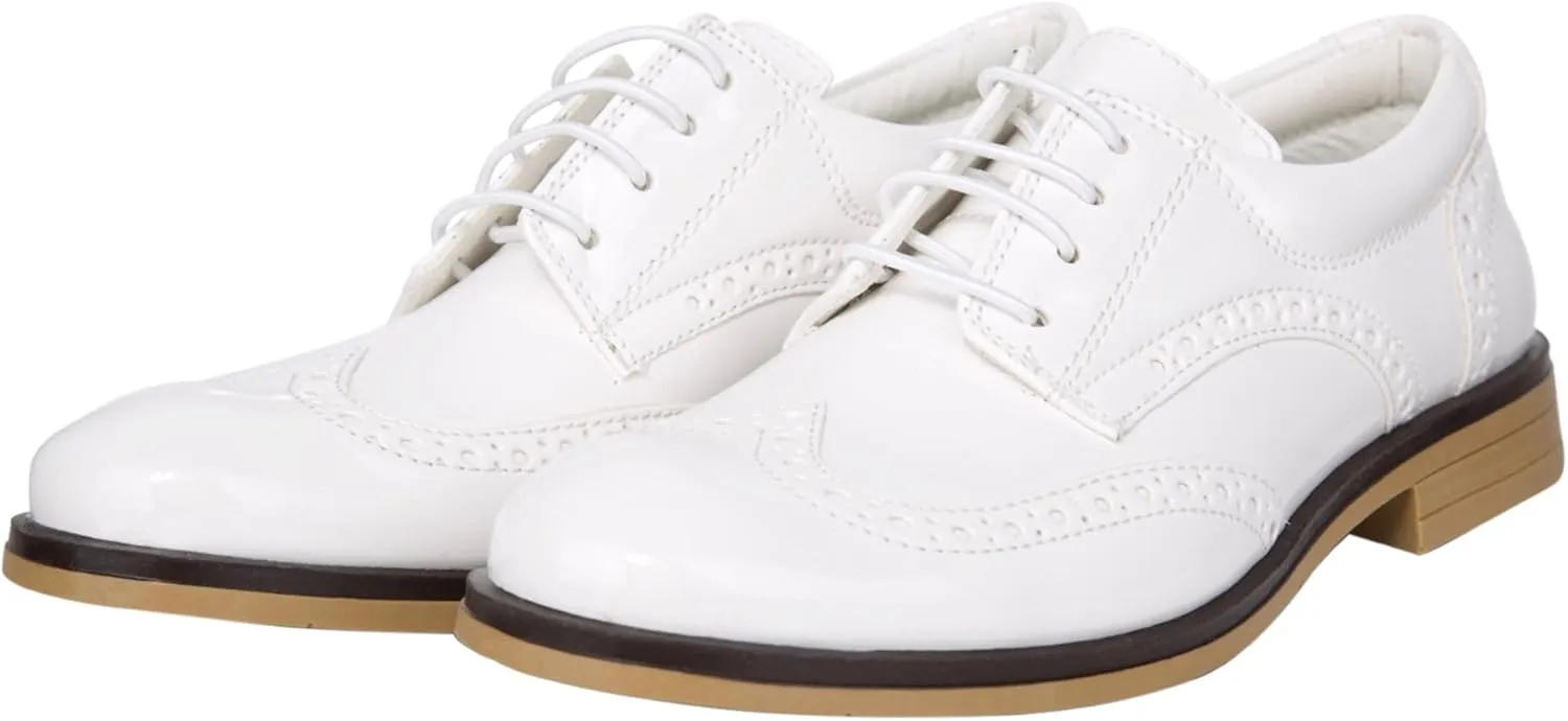 Boys Patent Derby Dress Shoes, Wingtip Brogue Lace-Up Wedding Prom Formal Footwear