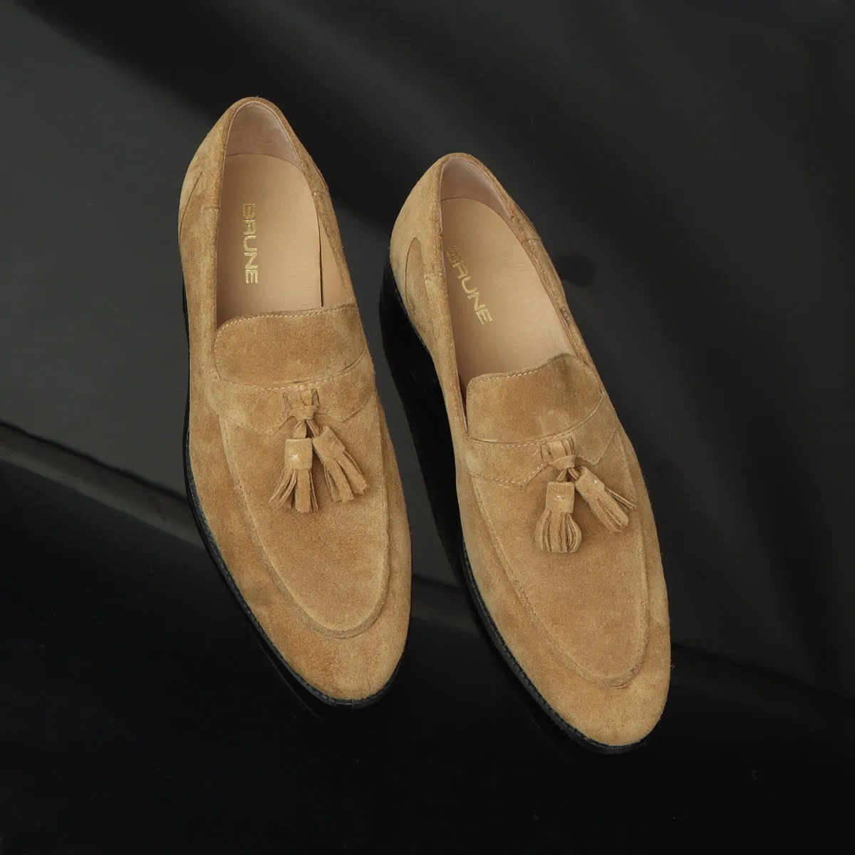 Camel Suede Leather Apron Toe Tassel Slip-ons by Brune & Bareskin