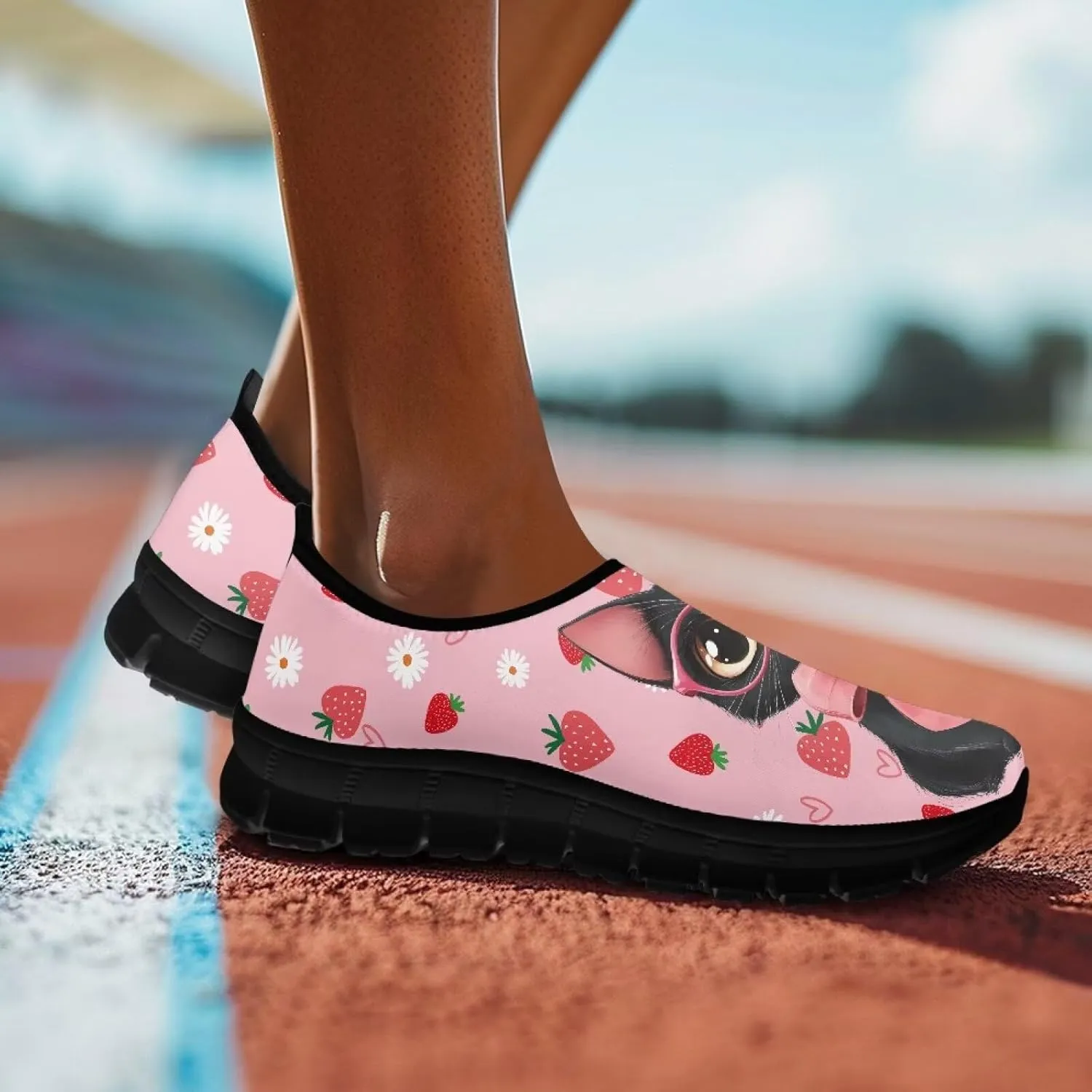 Cat Print Women's Slip Ons Loafers Soft Casual Mesh Sneakers Comfortable Non Slip Athletic Walking Shoes Black Sole Size 5.5-11.5