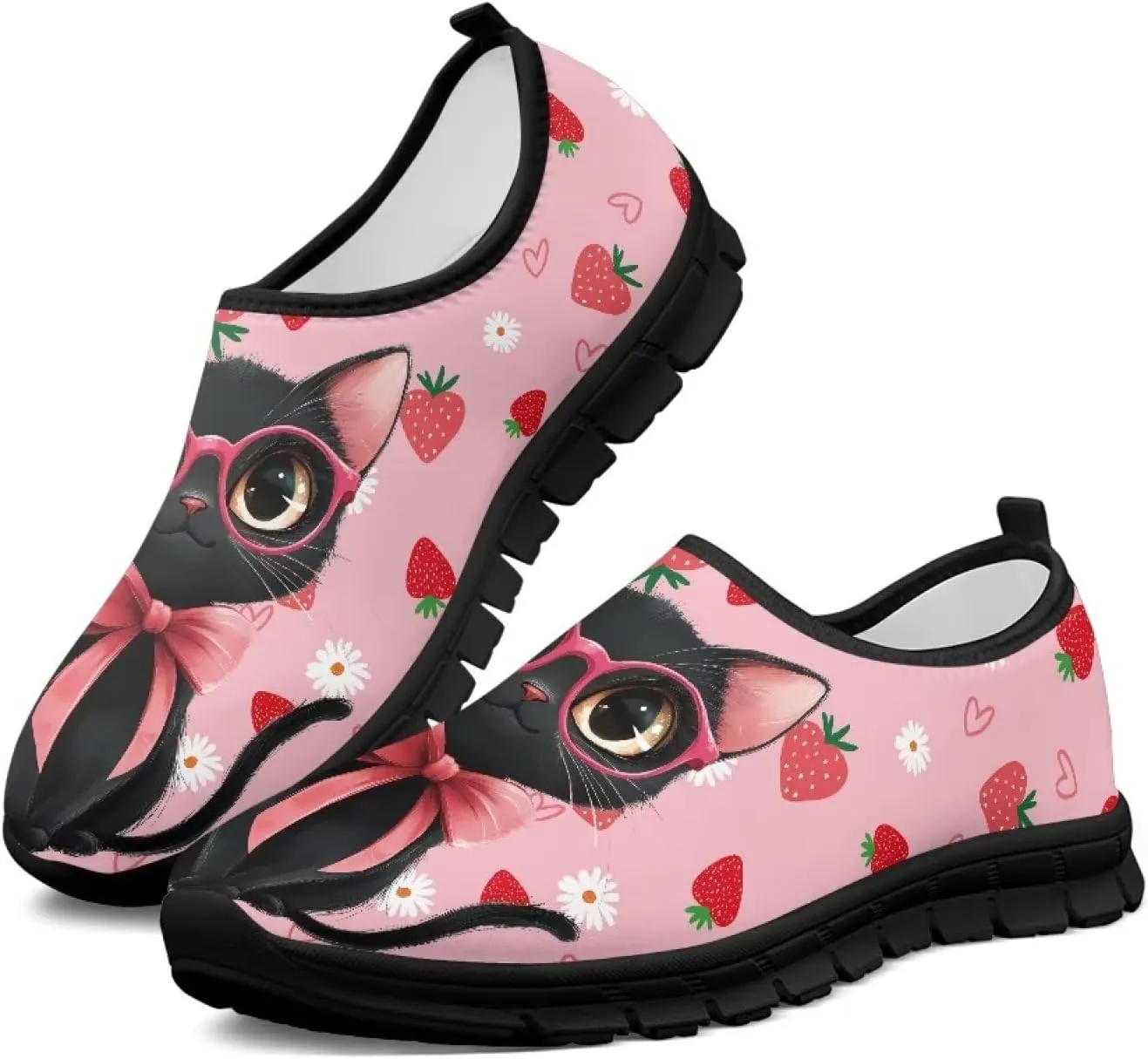 Cat Print Women's Slip Ons Loafers Soft Casual Mesh Sneakers Comfortable Non Slip Athletic Walking Shoes Black Sole Size 5.5-11.5