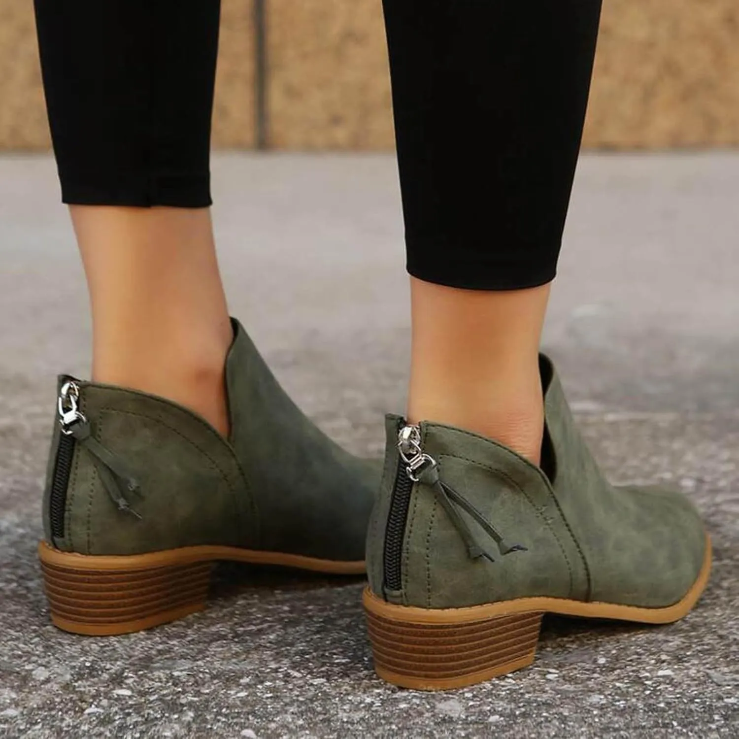 Cathalem Women's Ankle Boots Chunky Cutout Heel Pointed Toe Short Booties Shoes Ankle Booties Vintage Slip On Flat Short Boots Ladies Fashion Low Heel Boot Womens Casual Shoes