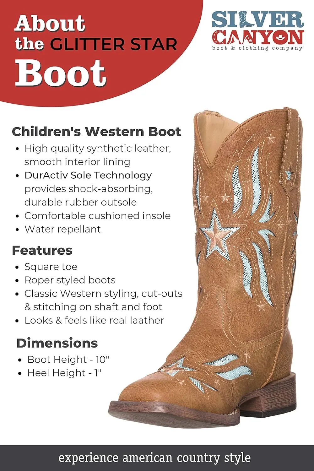 Children Western Cowboy Cowgirl Boot, Glitter Star by Silver Canyon for Girls and Toddlers