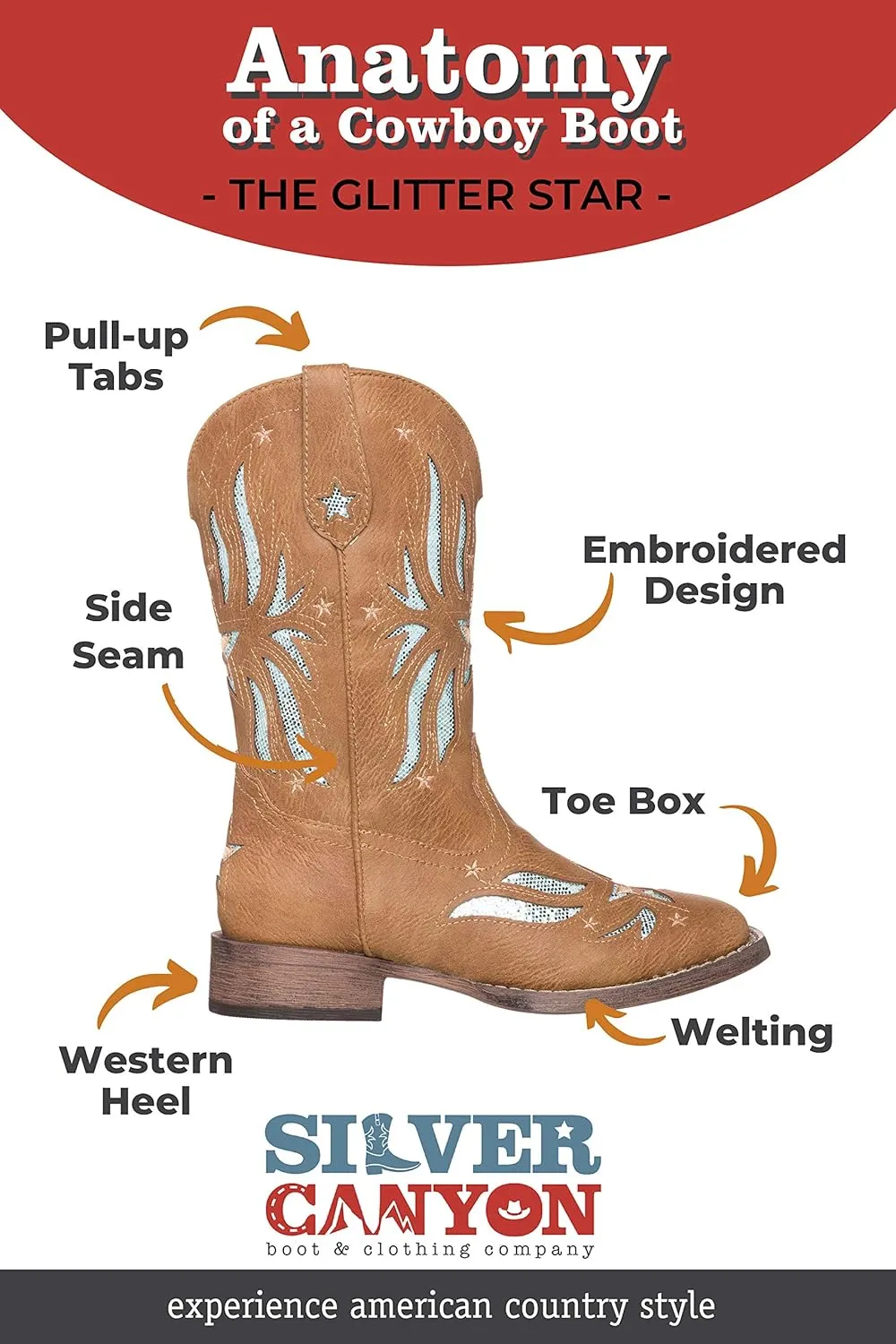 Children Western Cowboy Cowgirl Boot, Glitter Star by Silver Canyon for Girls and Toddlers
