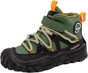 Childrens Chunky Sole Slip On Booties With Lace-Up Kids Boys Fuzzy Fleece Lined Warm Short Boots Winter Outdoor Shoes
