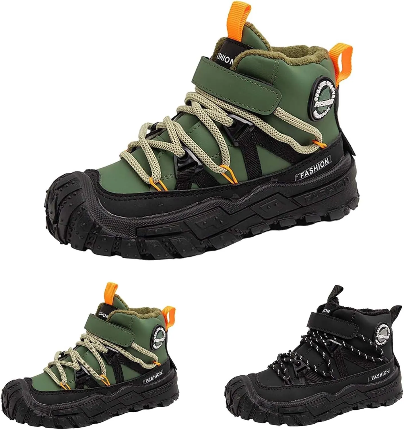 Childrens Chunky Sole Slip On Booties With Lace-Up Kids Boys Fuzzy Fleece Lined Warm Short Boots Winter Outdoor Shoes