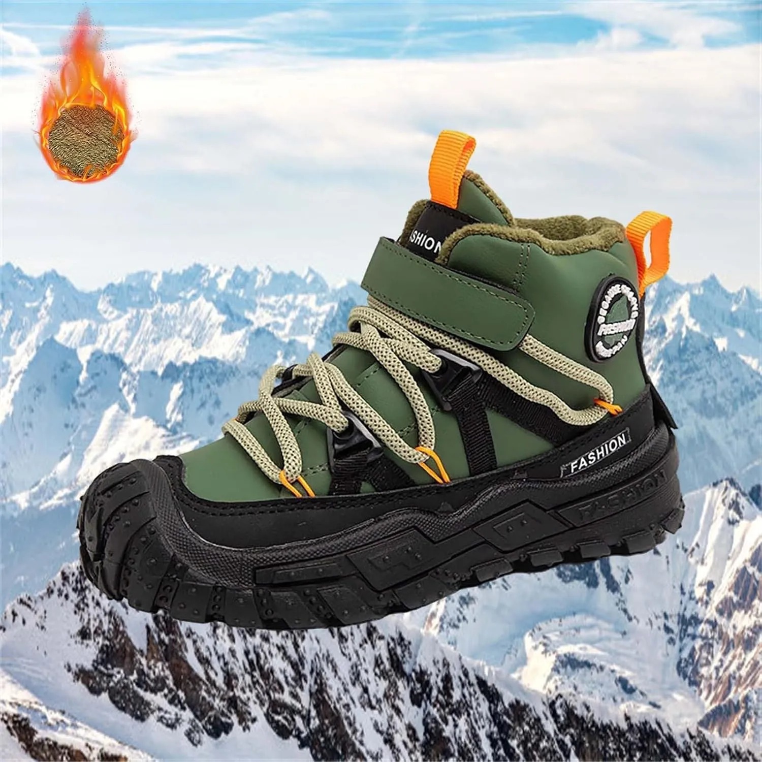 Childrens Chunky Sole Slip On Booties With Lace-Up Kids Boys Fuzzy Fleece Lined Warm Short Boots Winter Outdoor Shoes