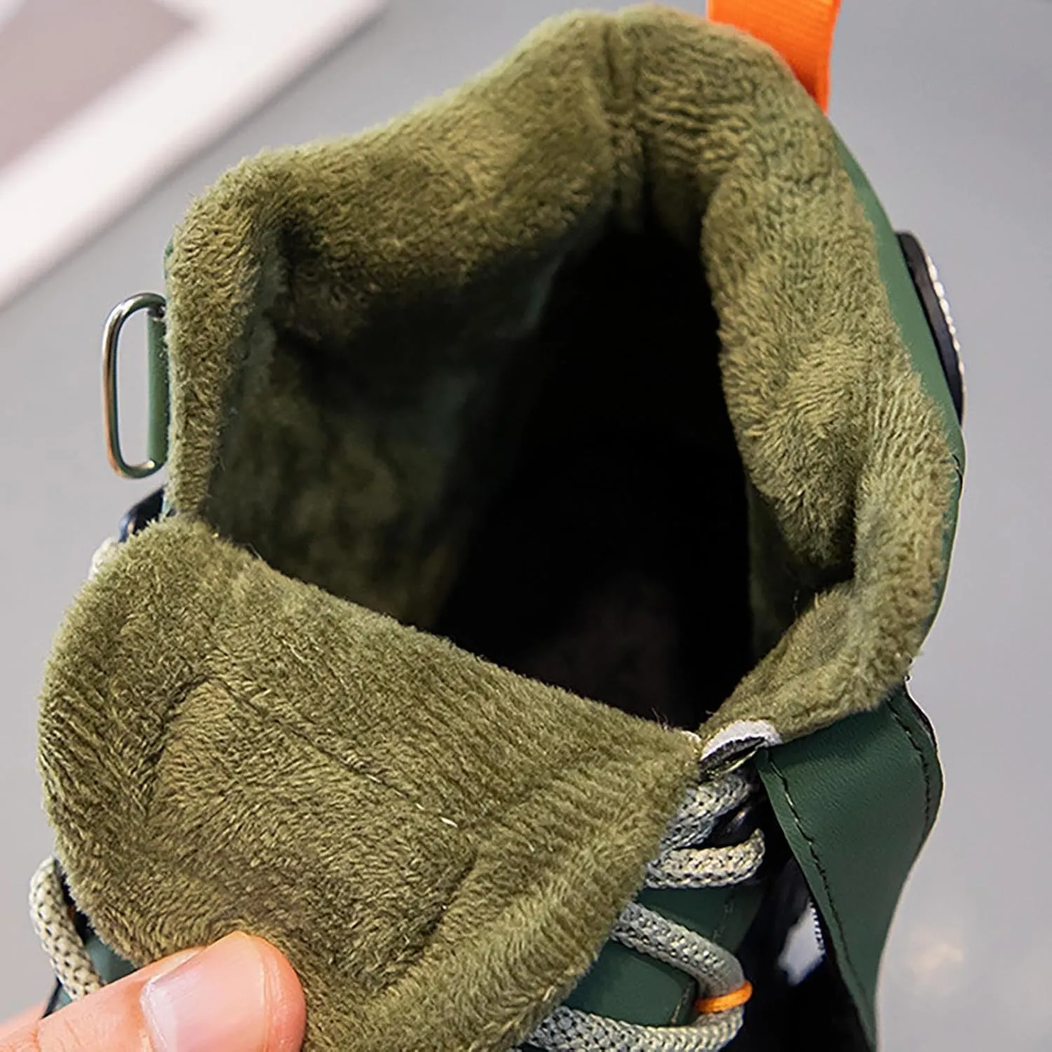 Childrens Chunky Sole Slip On Booties With Lace-Up Kids Boys Fuzzy Fleece Lined Warm Short Boots Winter Outdoor Shoes