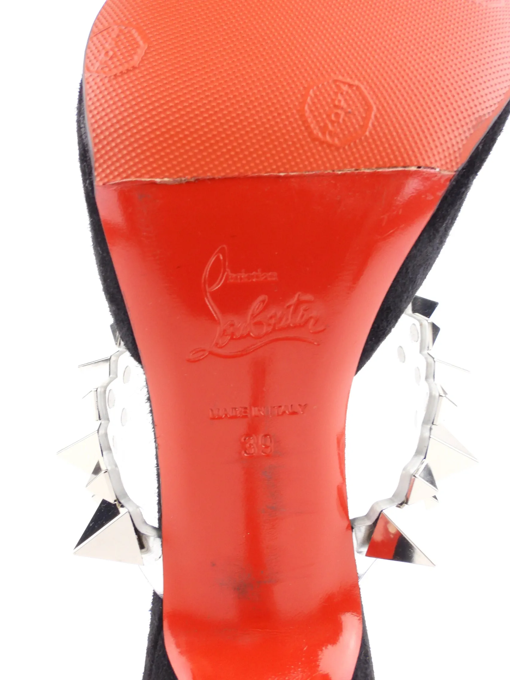 Christian Louboutin Black Suede Leather Spikey Strap Planet Choc 80 Mule - 39
