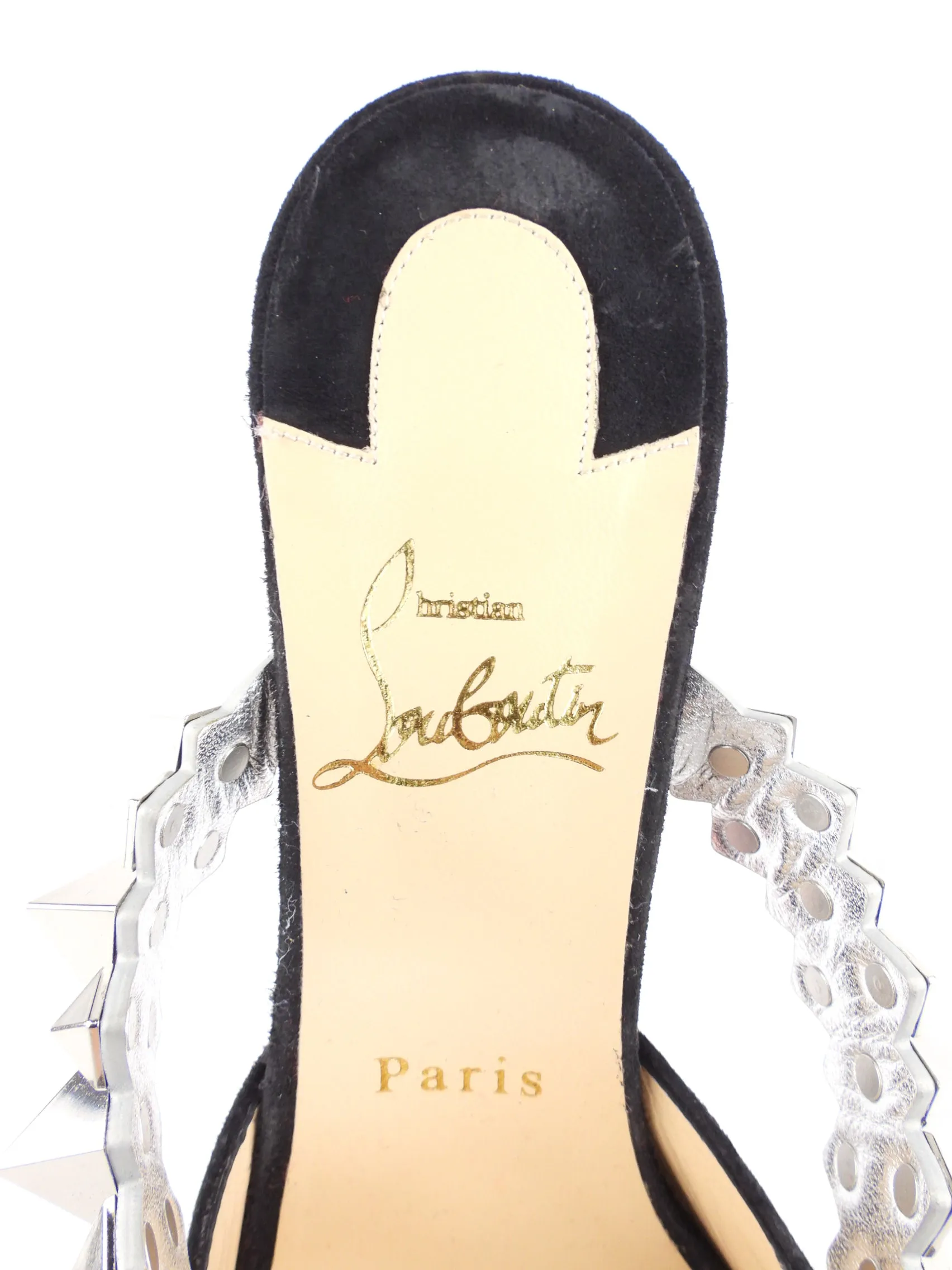 Christian Louboutin Black Suede Leather Spikey Strap Planet Choc 80 Mule - 39