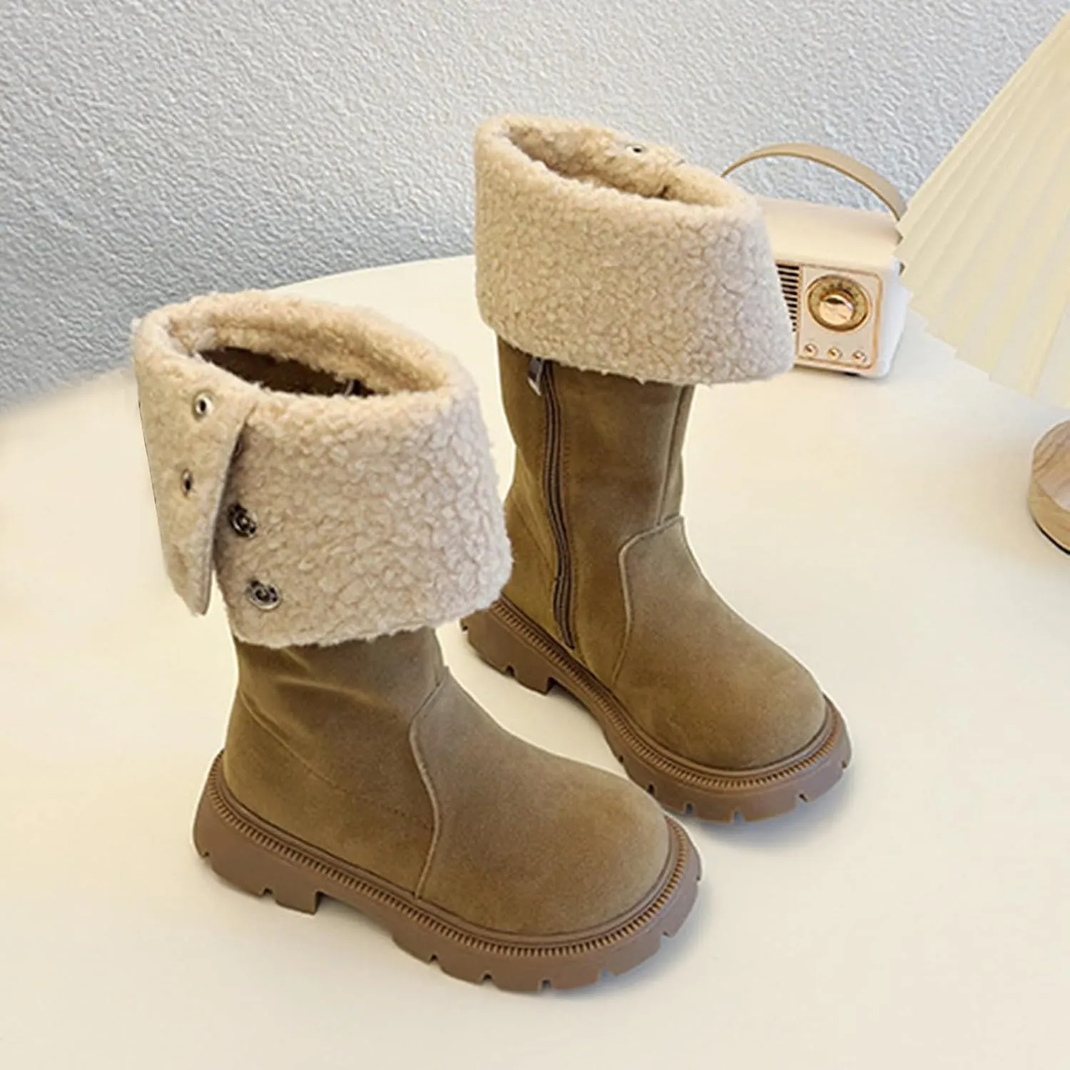 Chunky Heel Fleece Winter Boots for Girls Warm Comfortable Suede Snow Boots Fr Lined Mid Calf Boots Outdoor Shoes