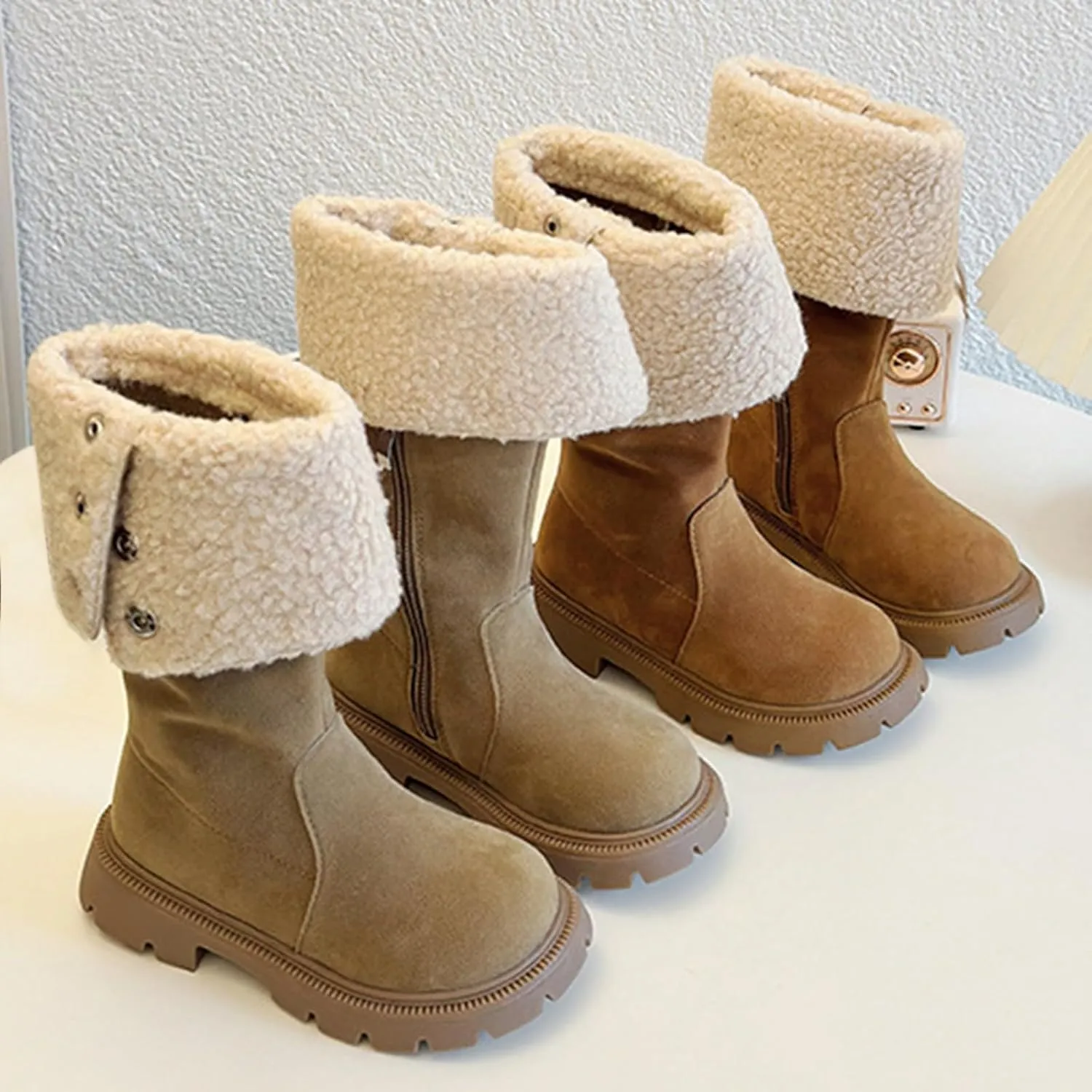 Chunky Heel Fleece Winter Boots for Girls Warm Comfortable Suede Snow Boots Fr Lined Mid Calf Boots Outdoor Shoes