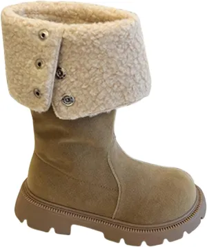 Chunky Heel Fleece Winter Boots for Girls Warm Comfortable Suede Snow Boots Fr Lined Mid Calf Boots Outdoor Shoes
