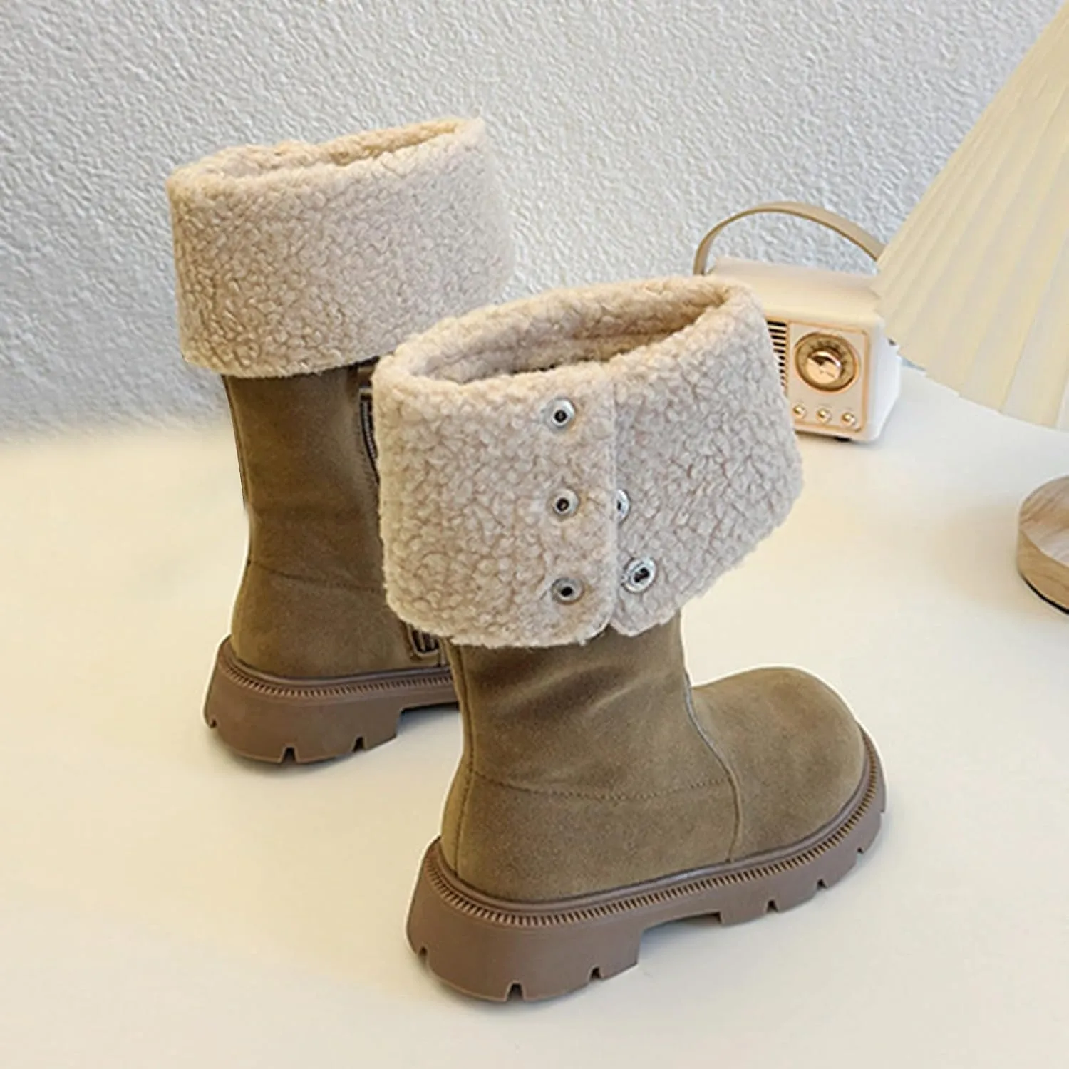 Chunky Heel Fleece Winter Boots for Girls Warm Comfortable Suede Snow Boots Fr Lined Mid Calf Boots Outdoor Shoes