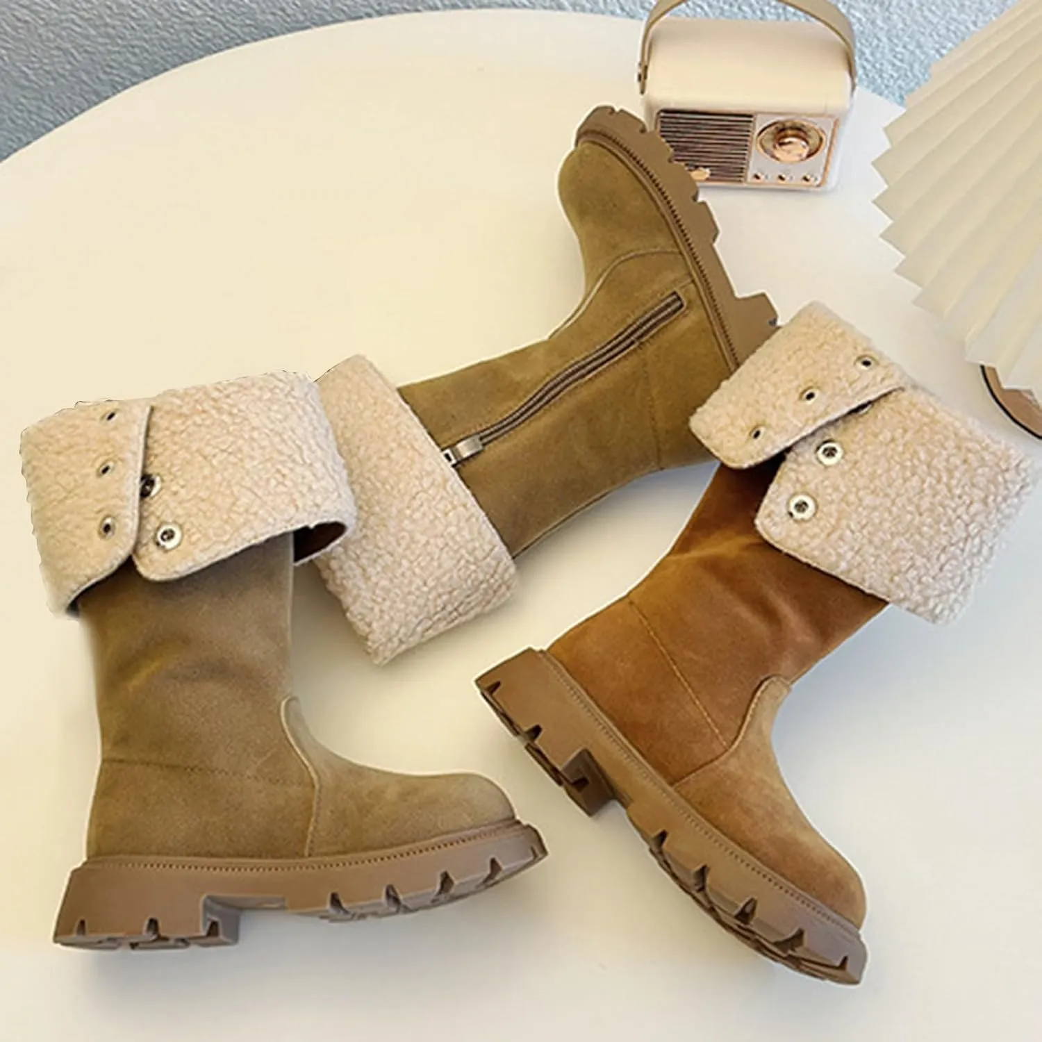 Chunky Heel Fleece Winter Boots for Girls Warm Comfortable Suede Snow Boots Fr Lined Mid Calf Boots Outdoor Shoes