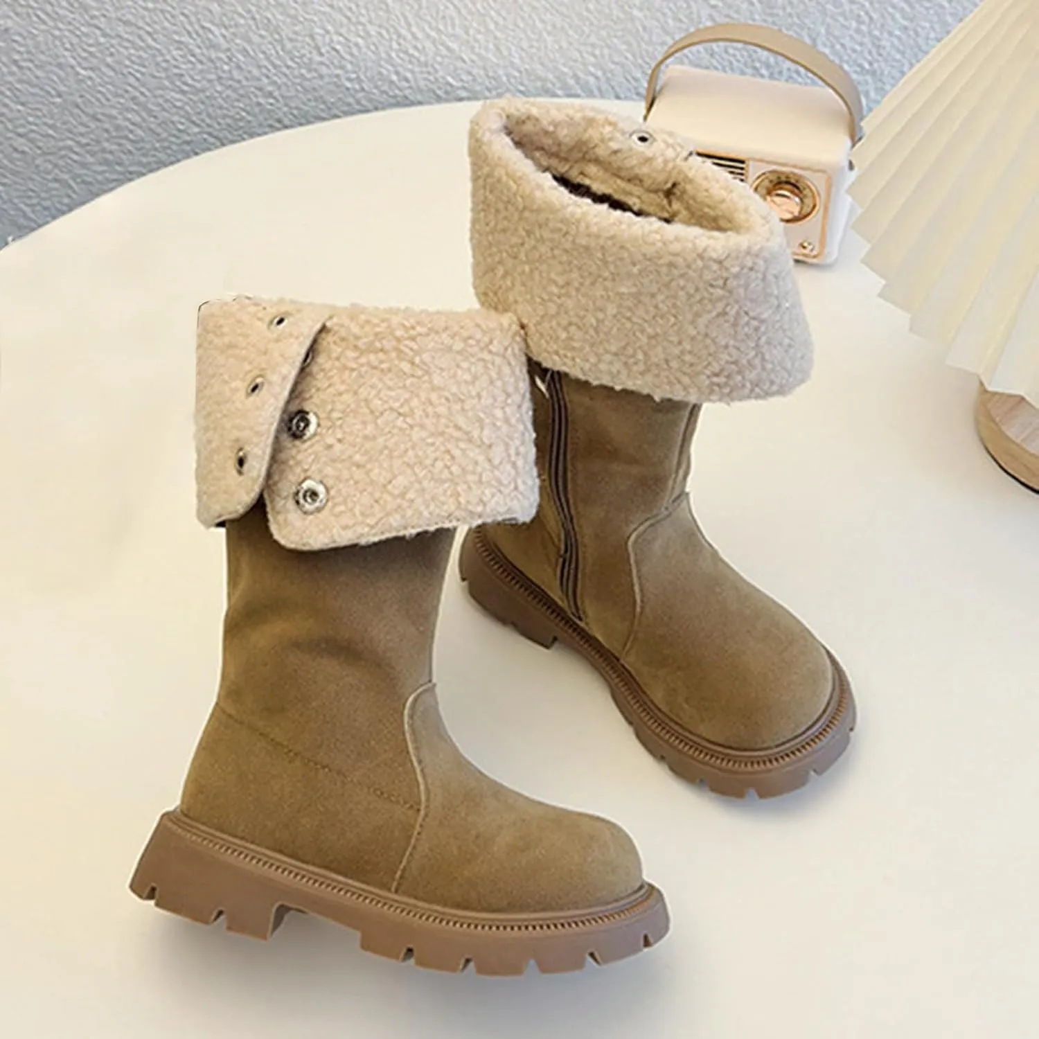 Chunky Heel Fleece Winter Boots for Girls Warm Comfortable Suede Snow Boots Fr Lined Mid Calf Boots Outdoor Shoes
