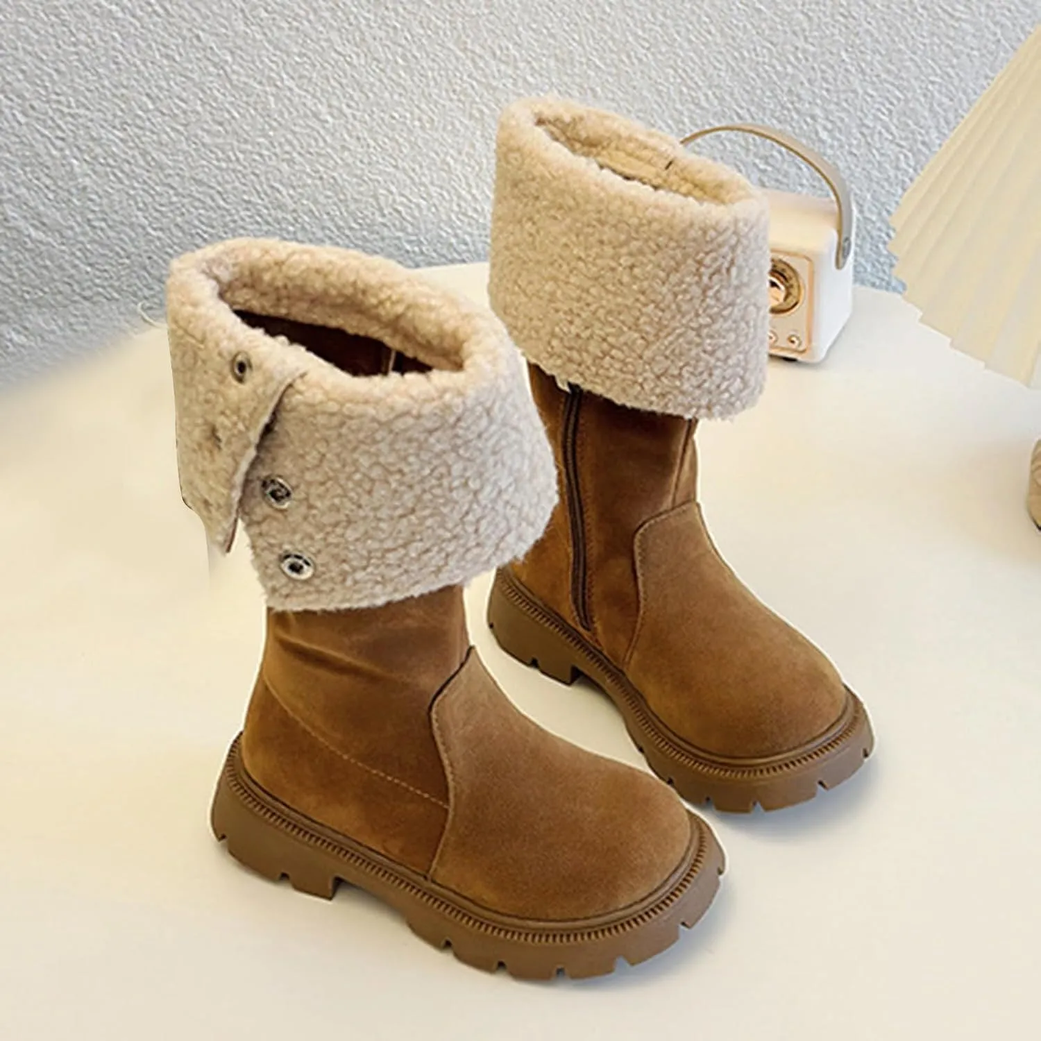 Chunky Heel Fleece Winter Boots for Girls Warm Comfortable Suede Snow Boots Fr Lined Mid Calf Boots Toddler Boot Girls