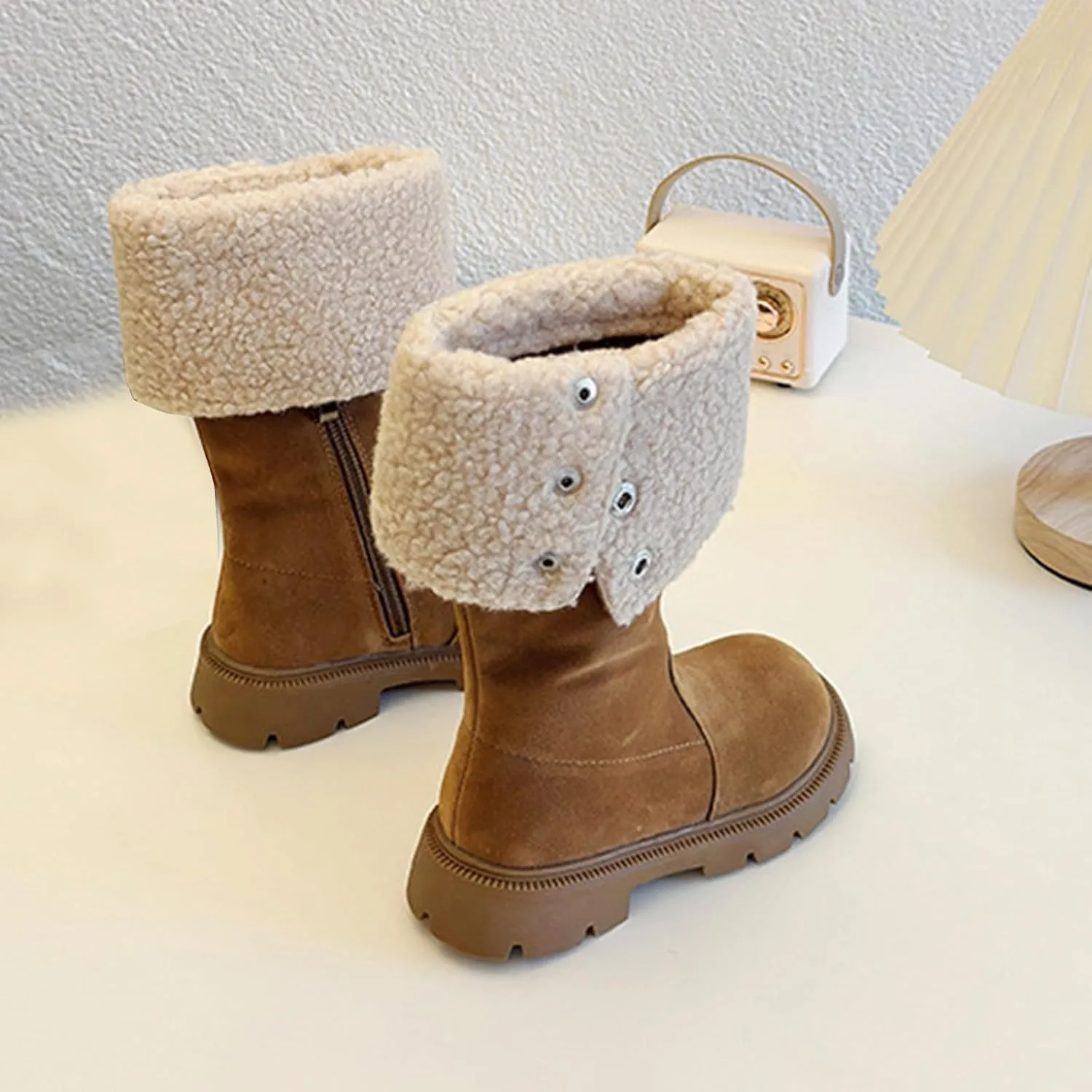 Chunky Heel Fleece Winter Boots for Girls Warm Comfortable Suede Snow Boots Fr Lined Mid Calf Boots Toddler Boot Girls