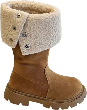 Chunky Heel Fleece Winter Boots for Girls Warm Comfortable Suede Snow Boots Fr Lined Mid Calf Boots Toddler Boot Girls