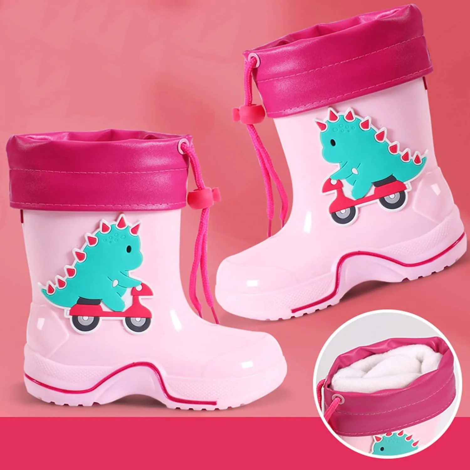Classic Dinosaur Children Rainboots PVC Rubber Children Water Shoes Fleece Rain Boots Kids Baby Girls Dress Shoes Size 5