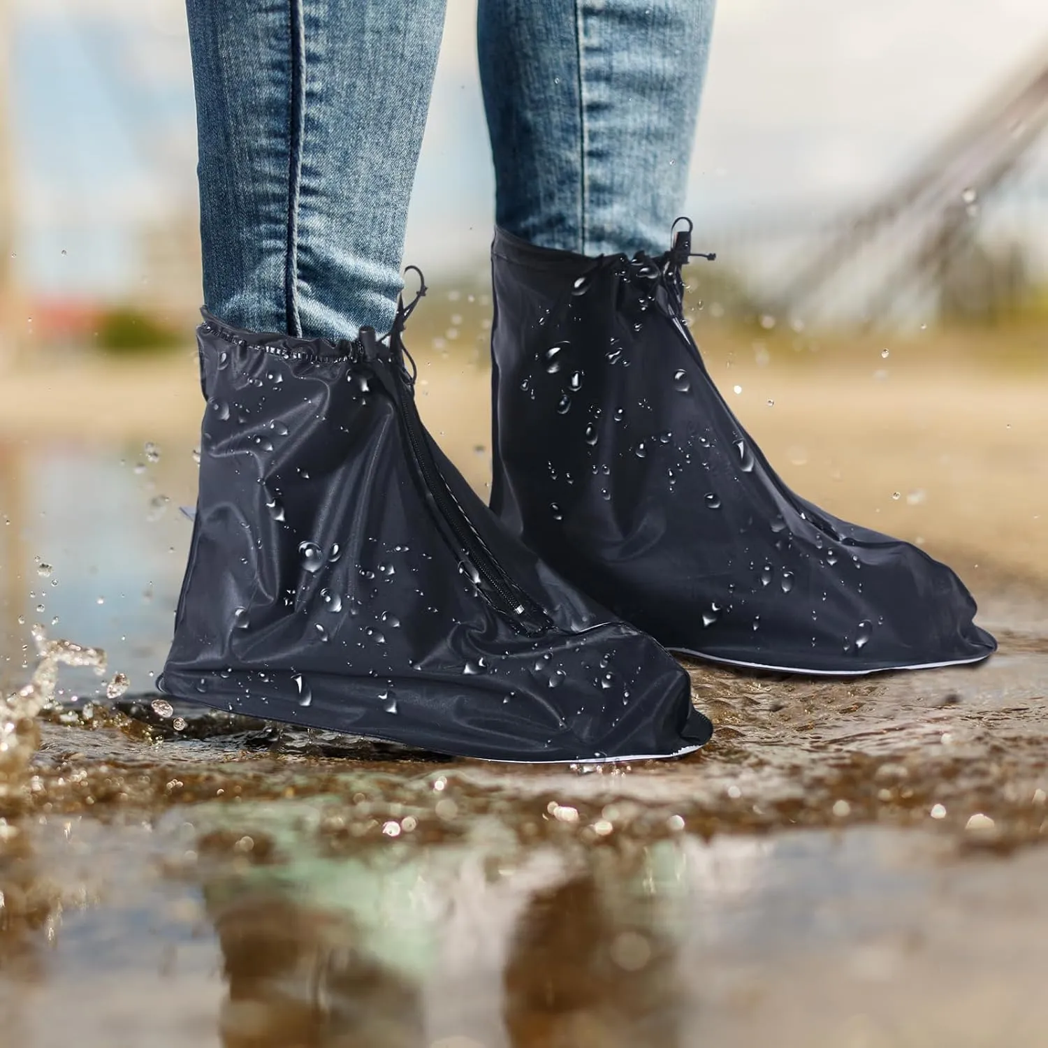 Coume 2 Pairs Rain Shoes Cover Non Slip Waterproof Shoe Covers Reusable Protectors Covers High Top Snow Boots Galoshes Overshoes for Men Women Outdoor Cycling Camping Fishing