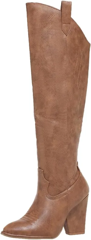 Cowboy Boots for Women Knee High Western Cowgirl Boots Chunky Heel Pointed Toe Side Zipper Tall Boot for Women Ladies