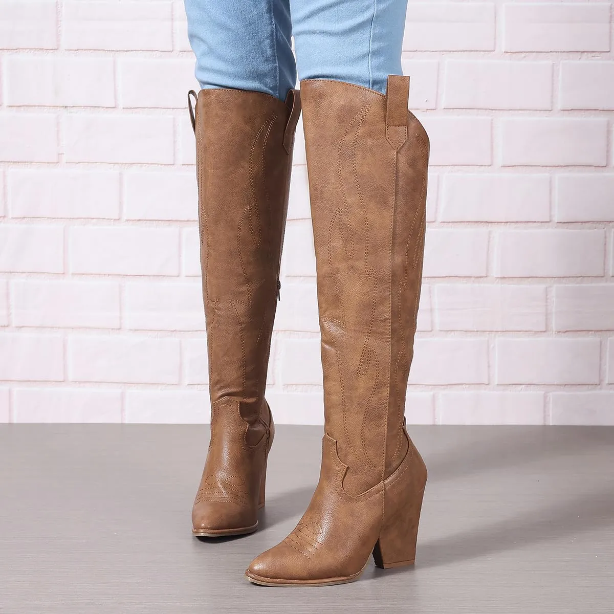 Cowboy Boots for Women Knee High Western Cowgirl Boots Chunky Heel Pointed Toe Side Zipper Tall Boot for Women Ladies